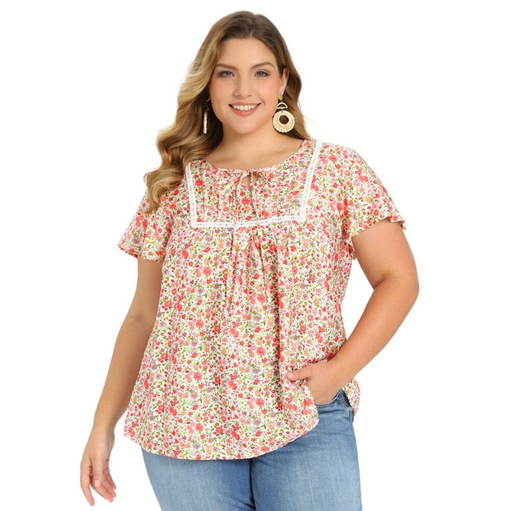 Women Plus Size Floral Tie Front Neck Ruffle Sleeve Blouse Pink